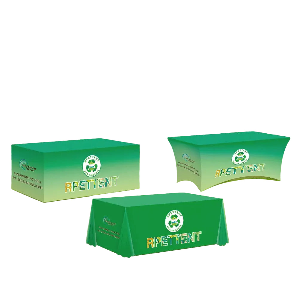Promote your brand sustainably with our Custom RPET Advertising Table Cover – crafted from recycled materials for an eco-friendly and high-visibility display.
