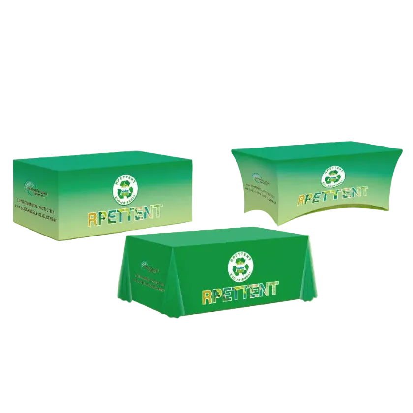 Promote your brand sustainably with our Custom RPET Advertising Table Cover – crafted from recycled materials for an eco-friendly and high-visibility display.